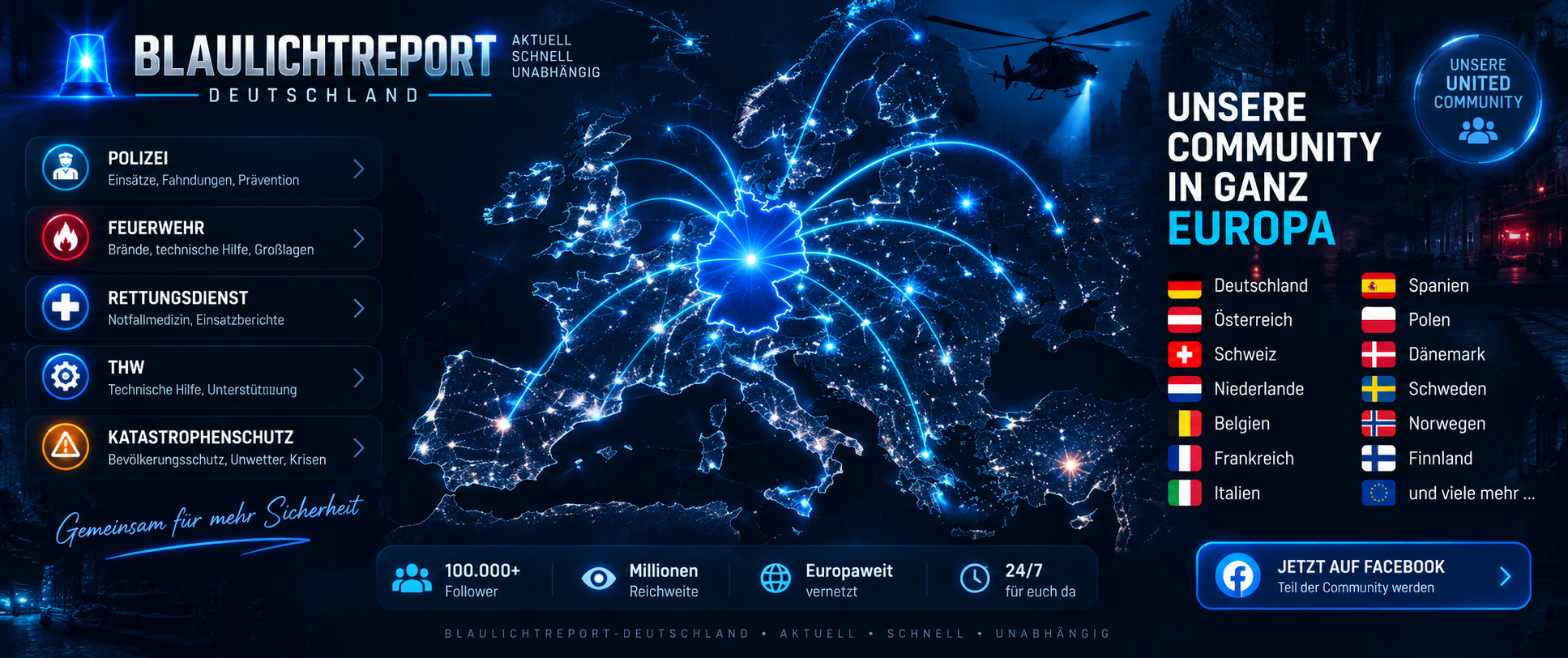Visualisierung der europaweiten Community von Blaulichtreport-Deutschland