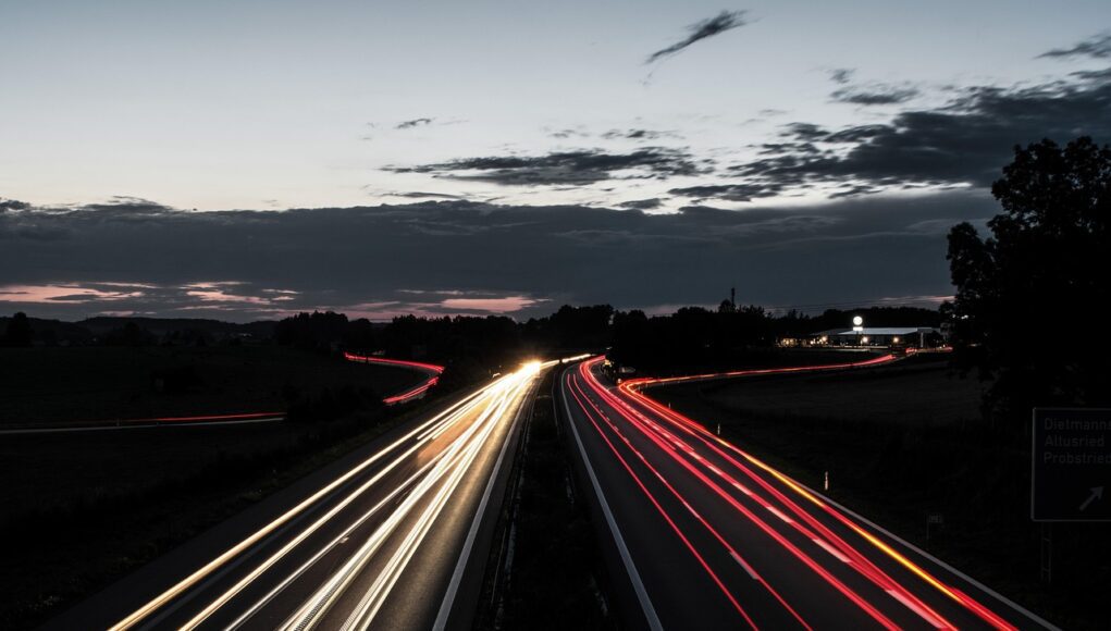 autobahn, traffic, lights, light traces, sky, long exposure, cars, road, nature, red